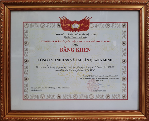 Bidrico vinh dự nhận bằng khen của Uỷ ban mặt trận Tổ quốc Việt Nam Tp.HCM