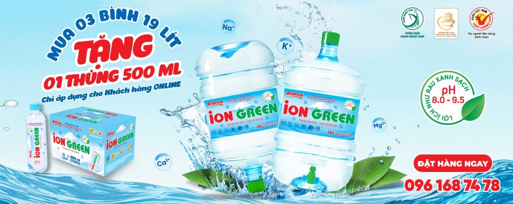 nước ion kiềm ion green tặng 1 thùng 500ml khi mau 3 bình 19l