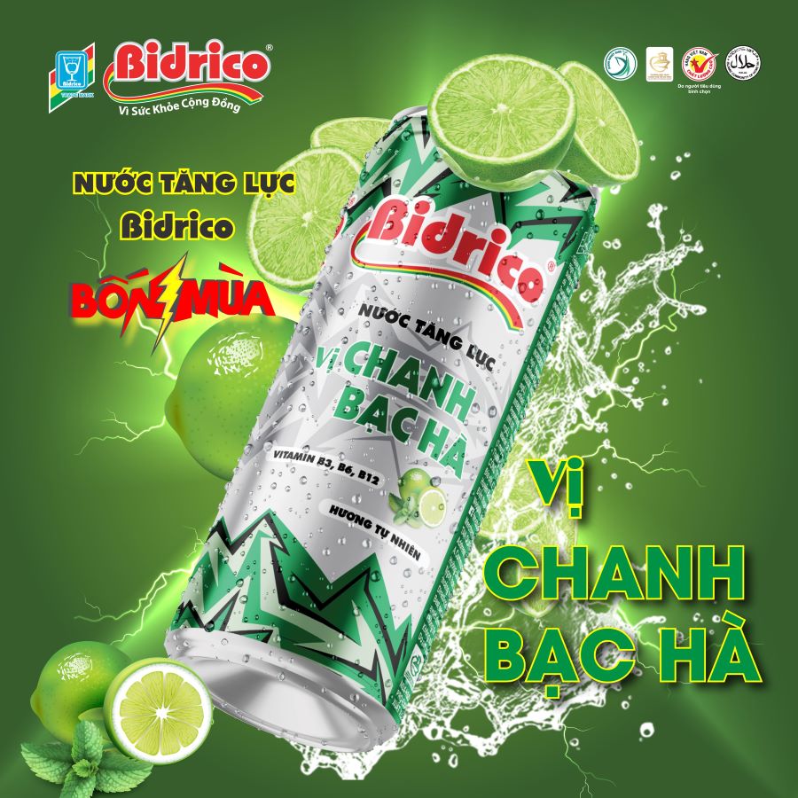 Nước tăng lực Bidrico vị chanh bạc hà lon 325ml