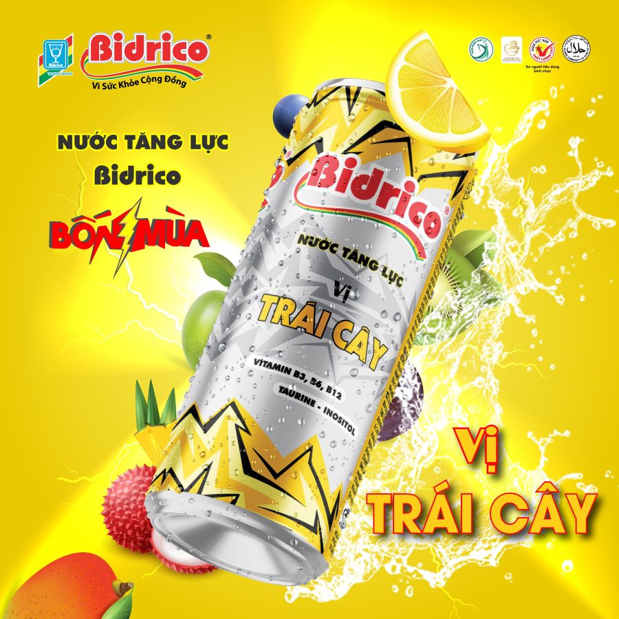 Nước tăng lực Bidrico vị trái cây lon 325ml